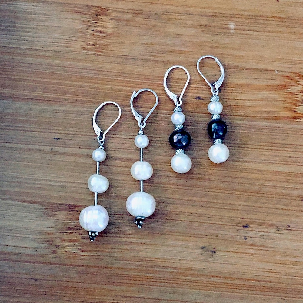 $42 2 Pairs of Semi Baroque Pearl Dangle Estate Earrings Sterling Marked 925